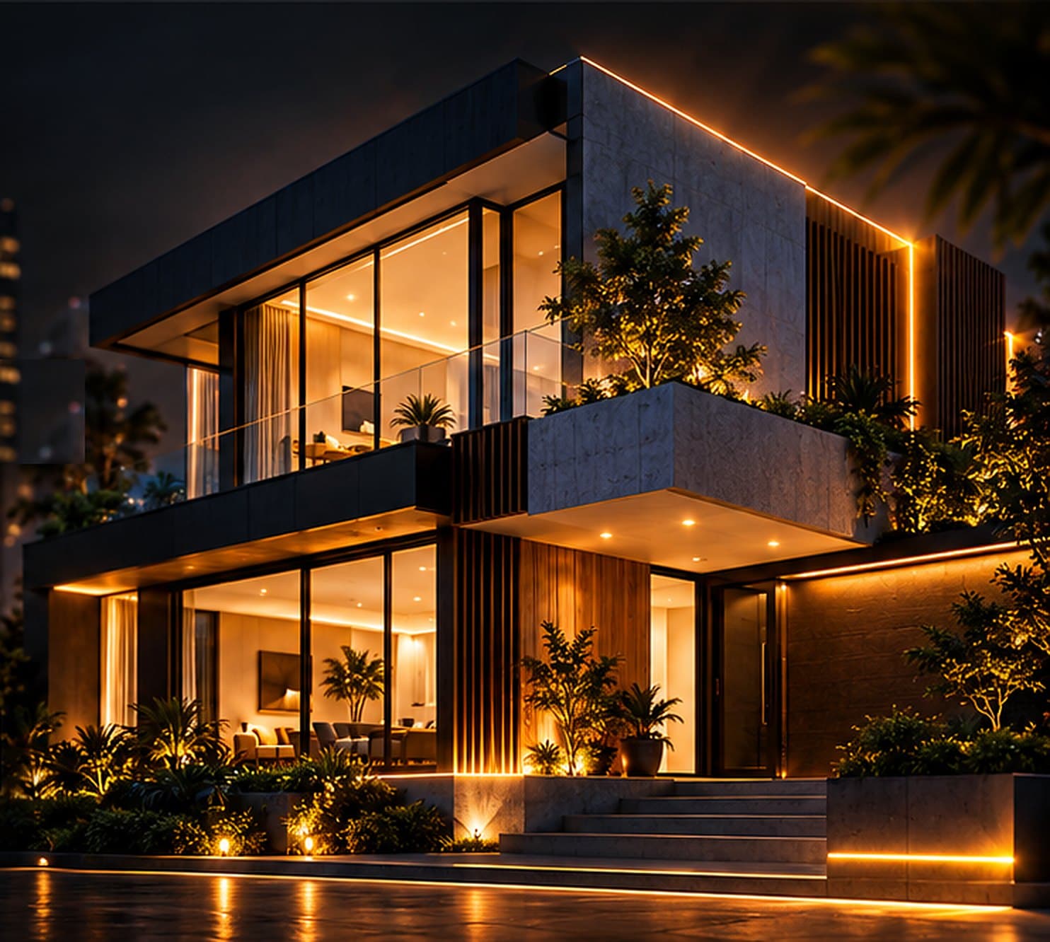 Residência contemporânea de alto padrão com fachada em vidro e iluminação quente ao anoitecer